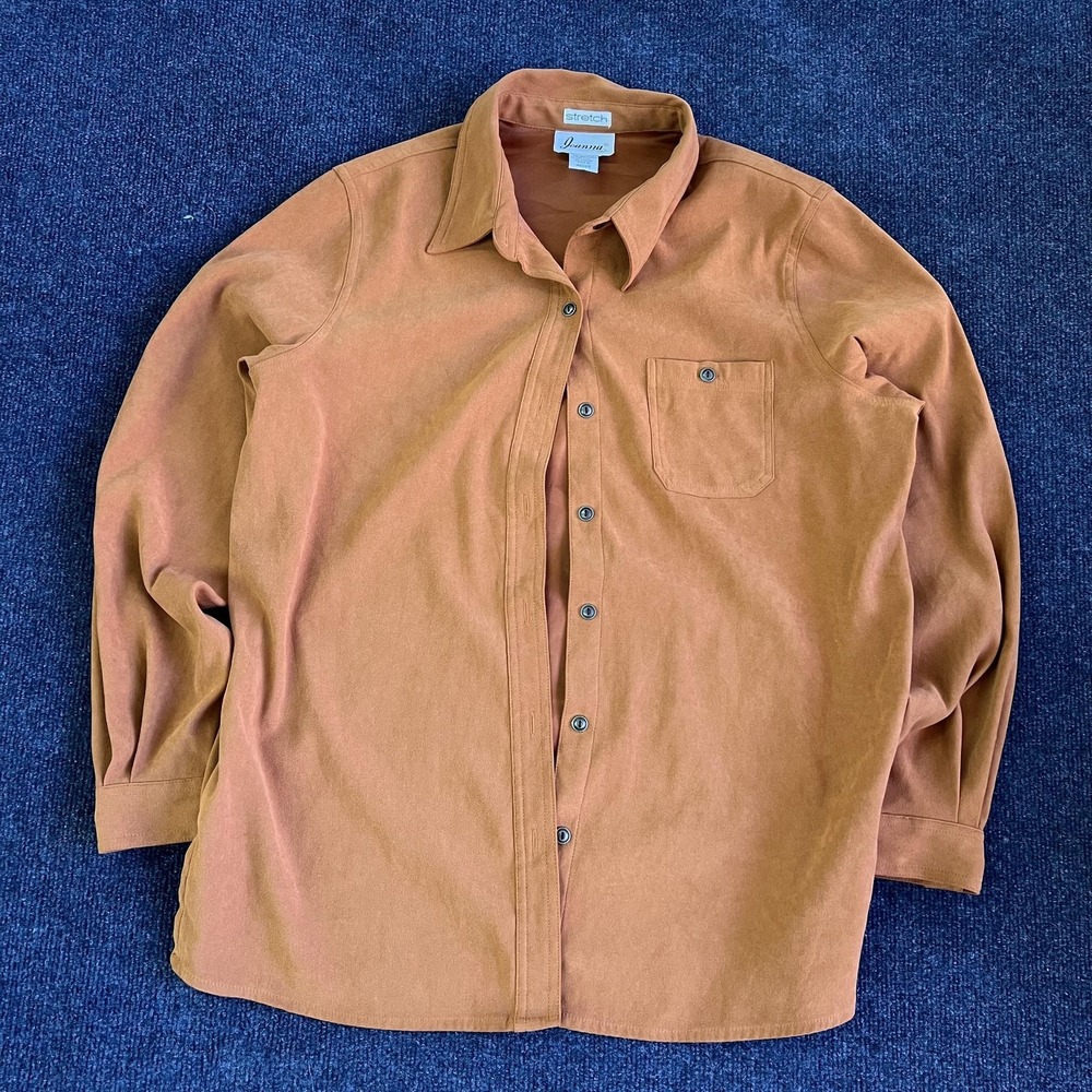 Vintage Joanna Shirt Womens M Petite Orange Velvet Stretch Long Sleeve Button Up